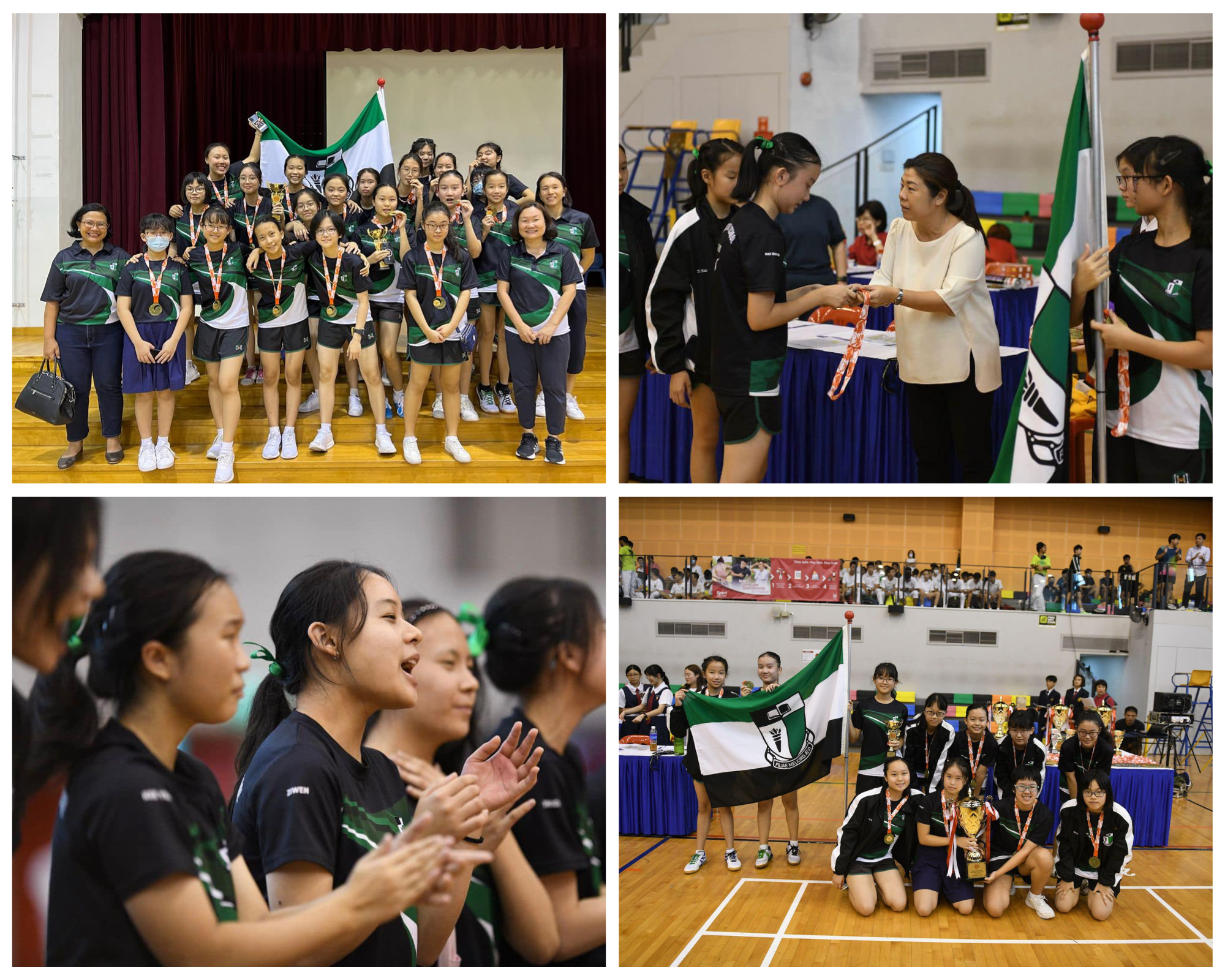 Four photos of young female athletes in green and black uniforms celebrating with trophies, medals, and a green flag.